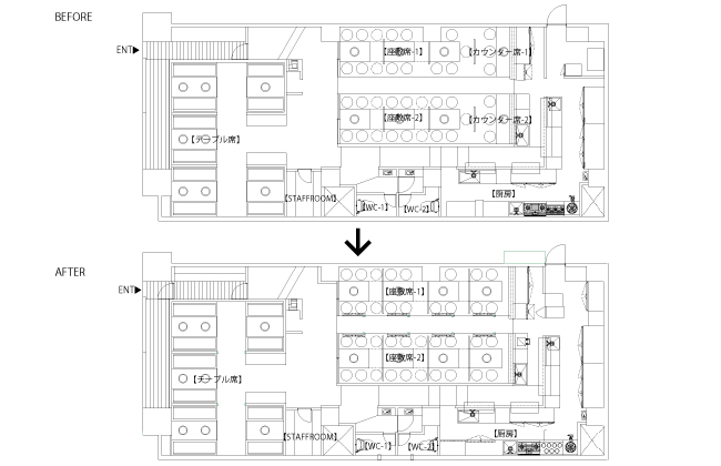 焼肉龍王館 本店 リニューアル 平面図　BEFORE/AFTER