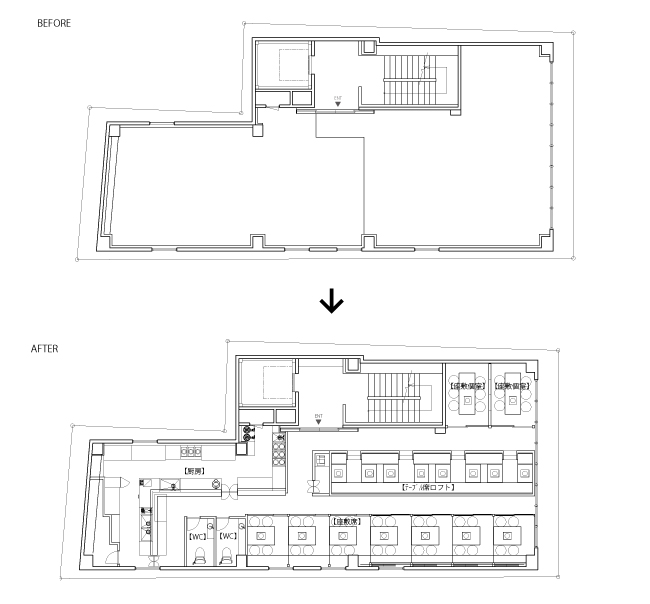 もつ鍋一藤 平面図　BEFORE/AFTER