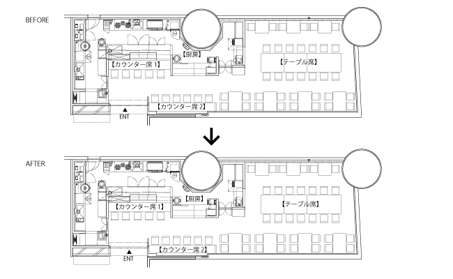 まるとく食堂 平面図　BEFORE/AFTER