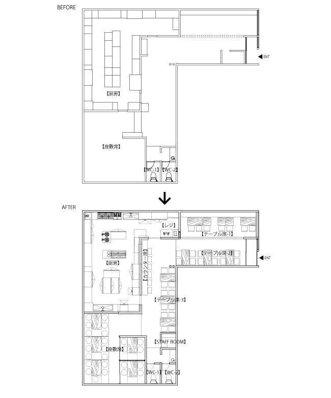 ハイボール酒場 ともすけ 平面図　BEFORE/AFTER