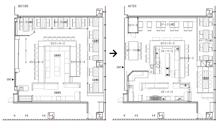 博多ほたる 銀座店 平面図　BEFORE/AFTER