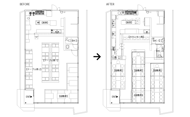鉄板Dining うめ家 平面図　BEFORE/AFTER