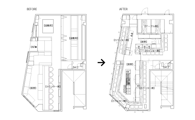 博多ほたる　西中洲本店 平面図　BEFORE/AFTER
