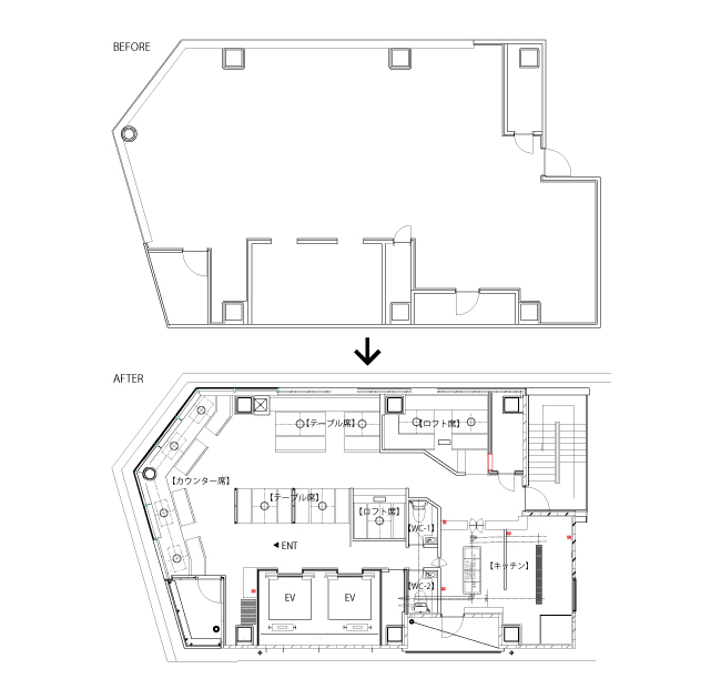 白老町 焼肉 阿部正春 平面図　BEFORE/AFTER