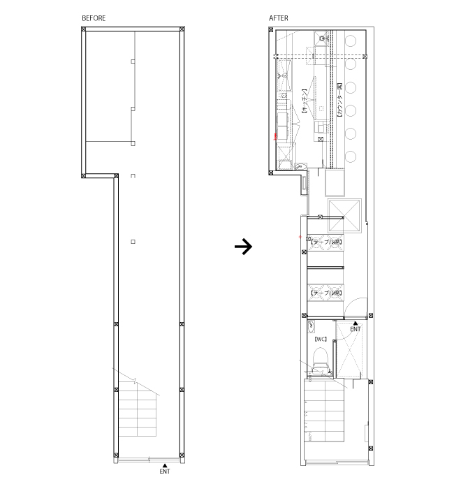 ROJIURA BAKERY CAFE 新宿店 平面図　BEFORE/AFTER