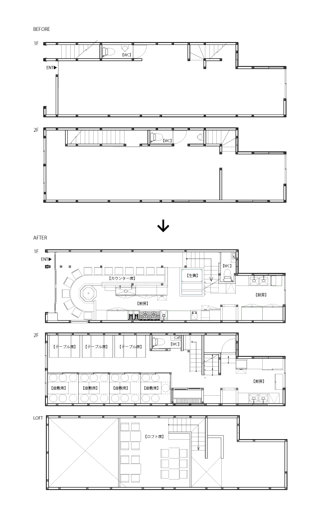 丸秀鮮魚店 二日市店 平面図　BEFORE/AFTER