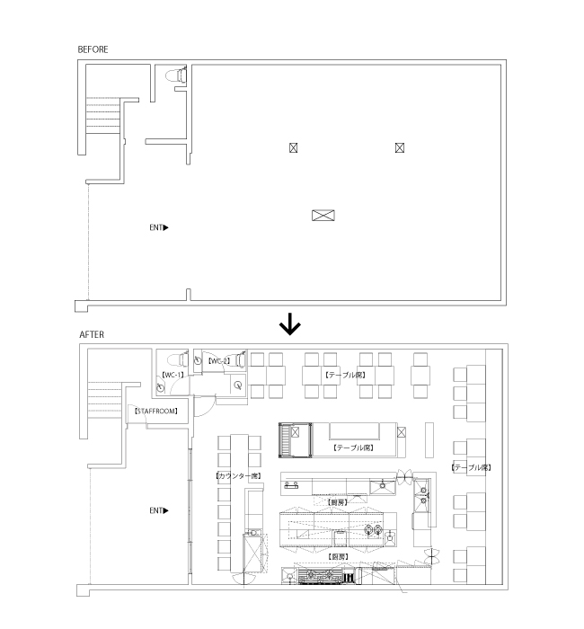下町ビストロ ロヂウラ 平面図　BEFORE/AFTER
