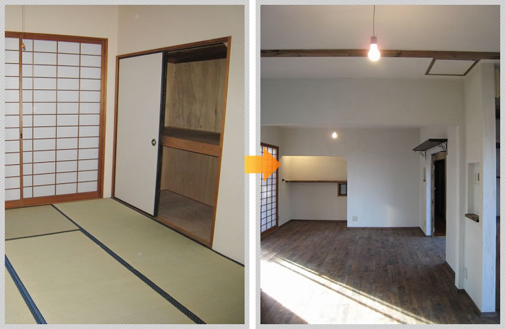 K邸元の和室とダイニングキッチンを一つのフロアへ変更