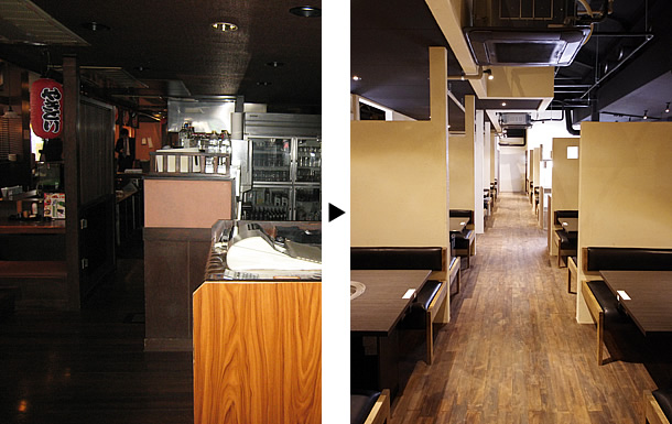 焼肉龍王館 合川店 店内中央通路と半個室席