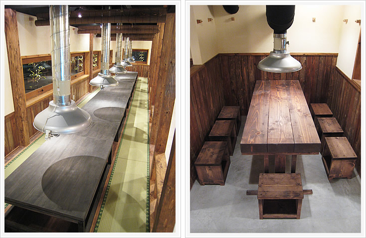 七輪焼肉ふくの牛 排気ダクトとデッドスペースを使ったテーブル席