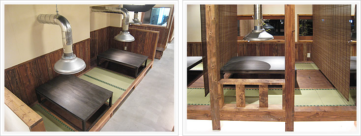 七輪焼肉ふくの牛 店内とテーブル席