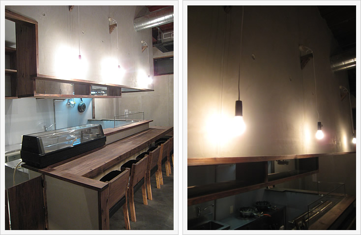 焼鳥 鳥里庵 カウンターテーブルと照明