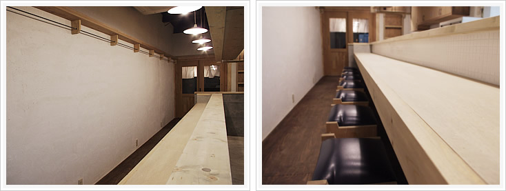 ラーメン屋「ラーメンカナデヤ」店内とカウンター席