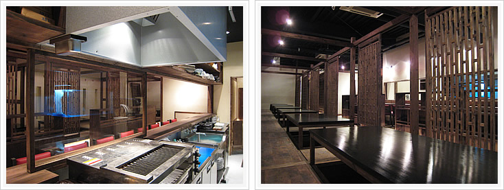 居酒屋「串と魚 にぎわい」 キッチンとテーブル席