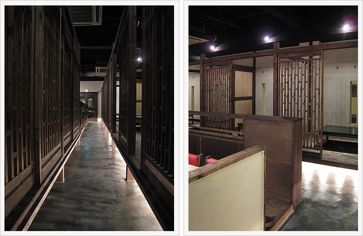 居酒屋「串と魚 にぎわい」 回廊とテーブル席